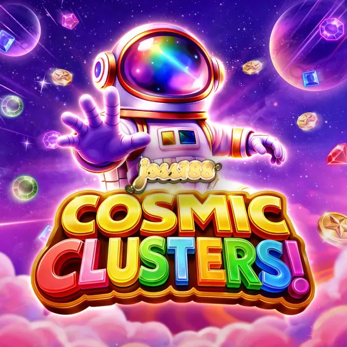 Tampilan visual grid 6x6 pada slot Cosmic Clusters dengan latar belakang nebula ungu.